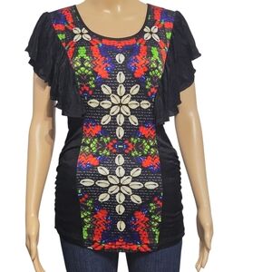 Custo Barcelona  Black Flutter Sleeve Top with Colorful Shell Motif Size US 2